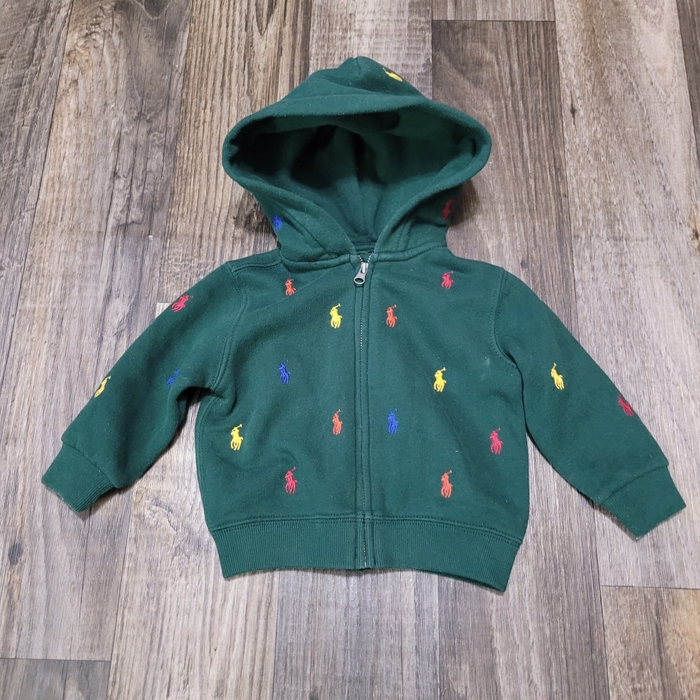 Boys Green Polo Ralph Lauren Pony Logo AOP Ponies Full Zip Hoodie 9 Months